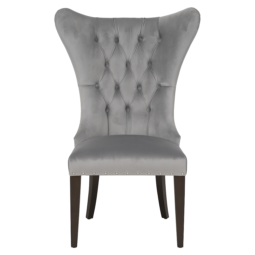 Pewter Velvet Dining Chairs – Upholstered High Back Seating with Solid Wood Legs | Modern Luxury Dining Furniture UK